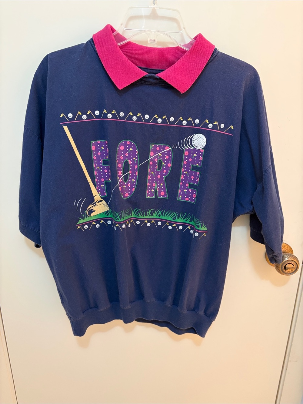 Women’s Navy Graphic 'FORE' Polo Shirt with Pink Collar